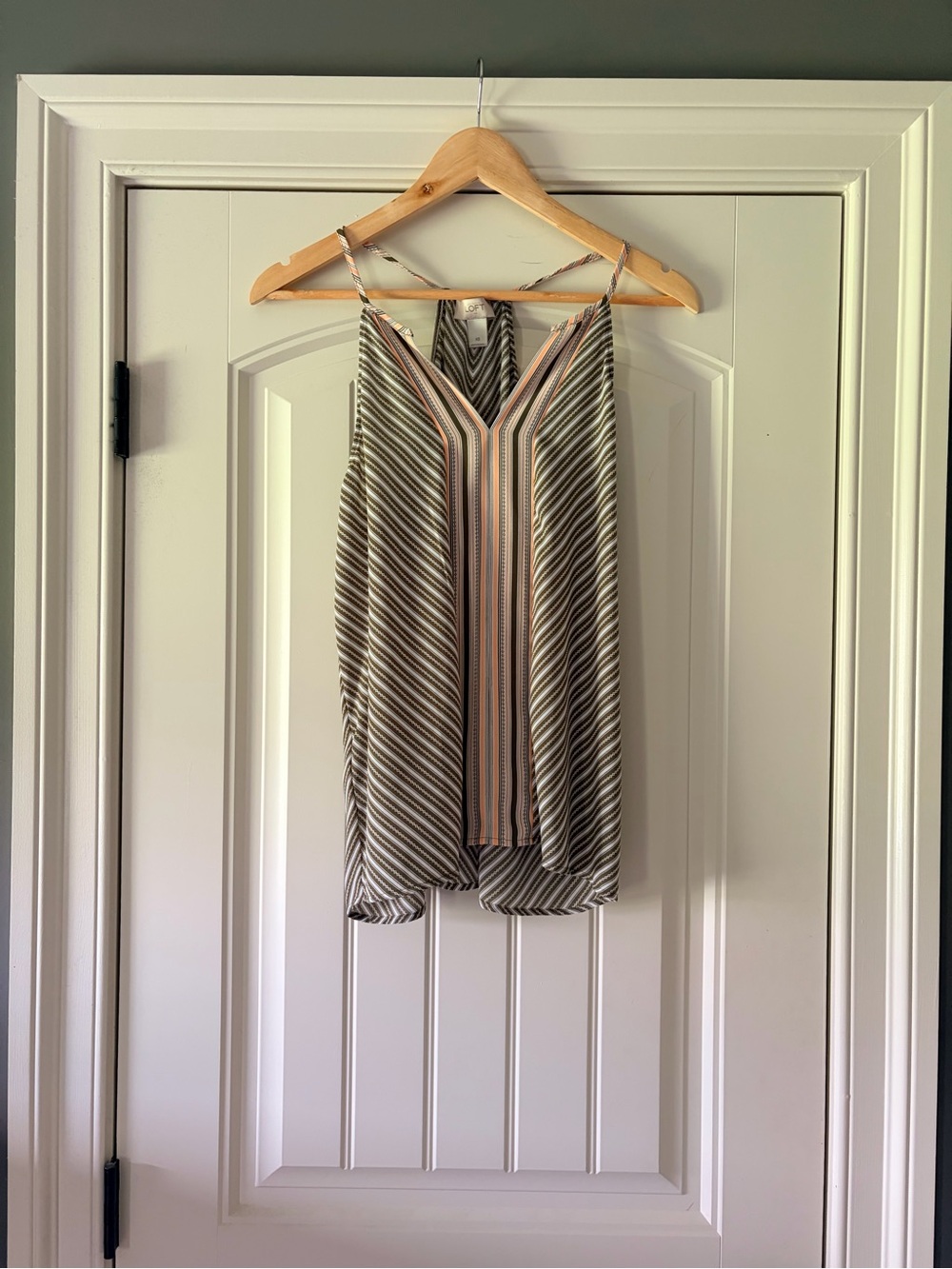LOFT Olive and Peach Striped V-Neck Tank